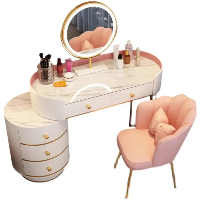 Pink White Vanity Table Women Luxury Nail European Big Stool Study Dressing Table Organizer Mesa De Maquillaje Home Furniture