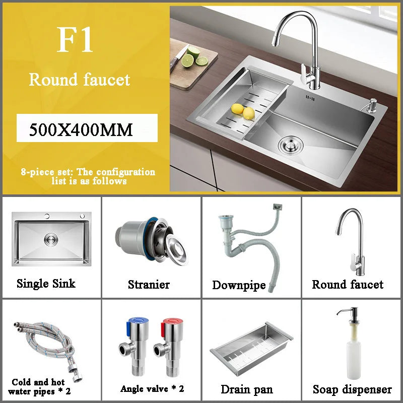 Stainless Steel Kitchen Sink Farm House Above Counter Undermounter Single Bowel Wash Basin with Faucet Drain Kitchen Accessories