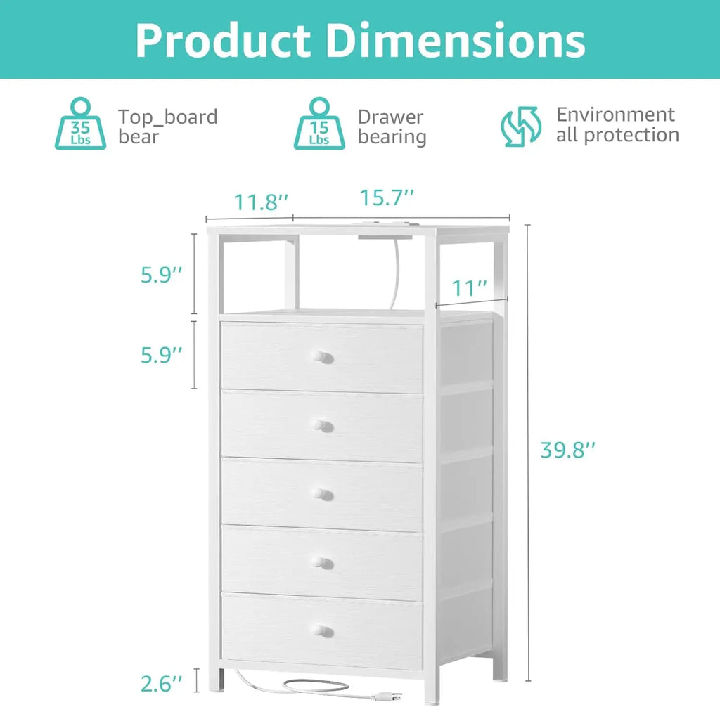 White Dresser with 5 Drawers Tall Nightstand with Charging Station and LED Light, Bedside Table Room Storage Drawers Closet