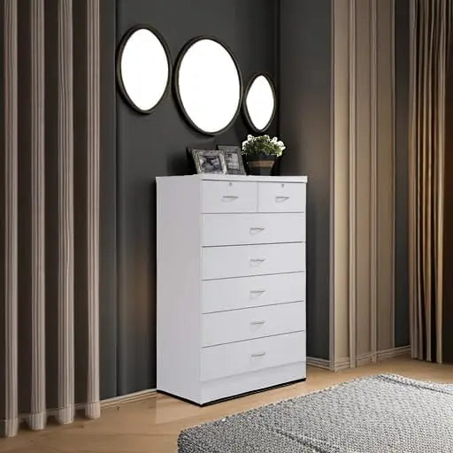 7 Drawer Wood Dresser for Bedroom,31.5inch Wide Chest of Drawers,with 2 Locks on the Top Drawers,Storage Organization Unit,White