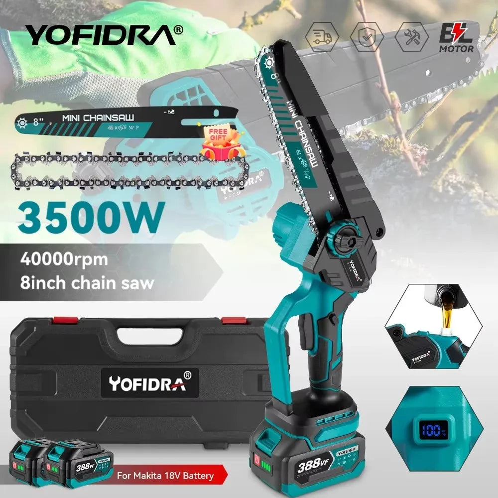 YOFIDRA Brushless 8 Inch Electric Chainsaw Cordless Rechargeable Woodworking Garden Pruning Saw Tool For Makita 18V Battery Pin