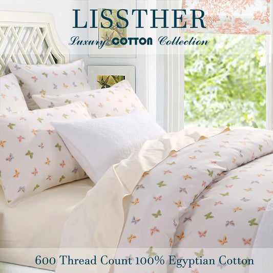 3pcs 600TC 100% Egyptian Cotton Duvet Cover Set, Luxury Colorful Butterfly Design, Soft Skin-Friendly (No Inserts)