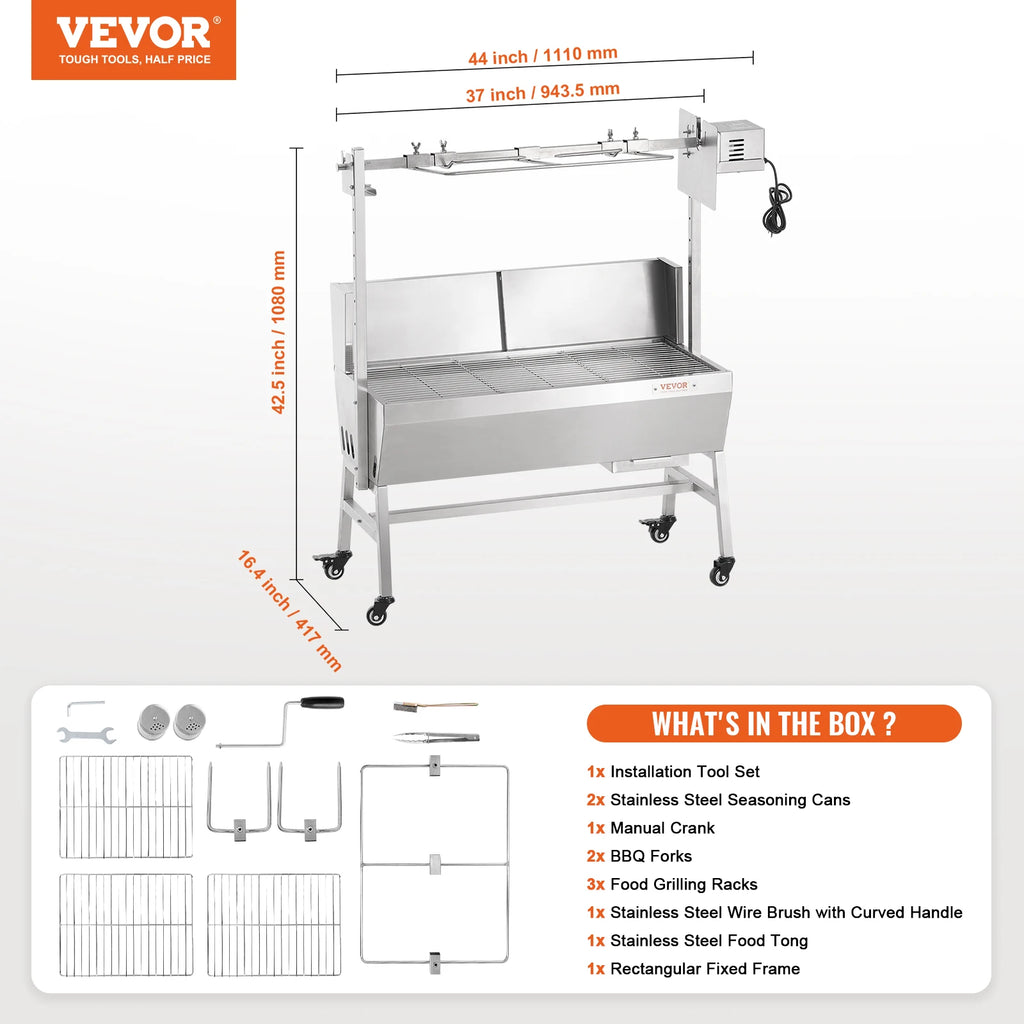 VEVOR 35inch Rotisserie Grill Electric Motor Charcoal Spit Grill Stainless Steel Roaster w/Lockable Wheels for Camping Outdoor