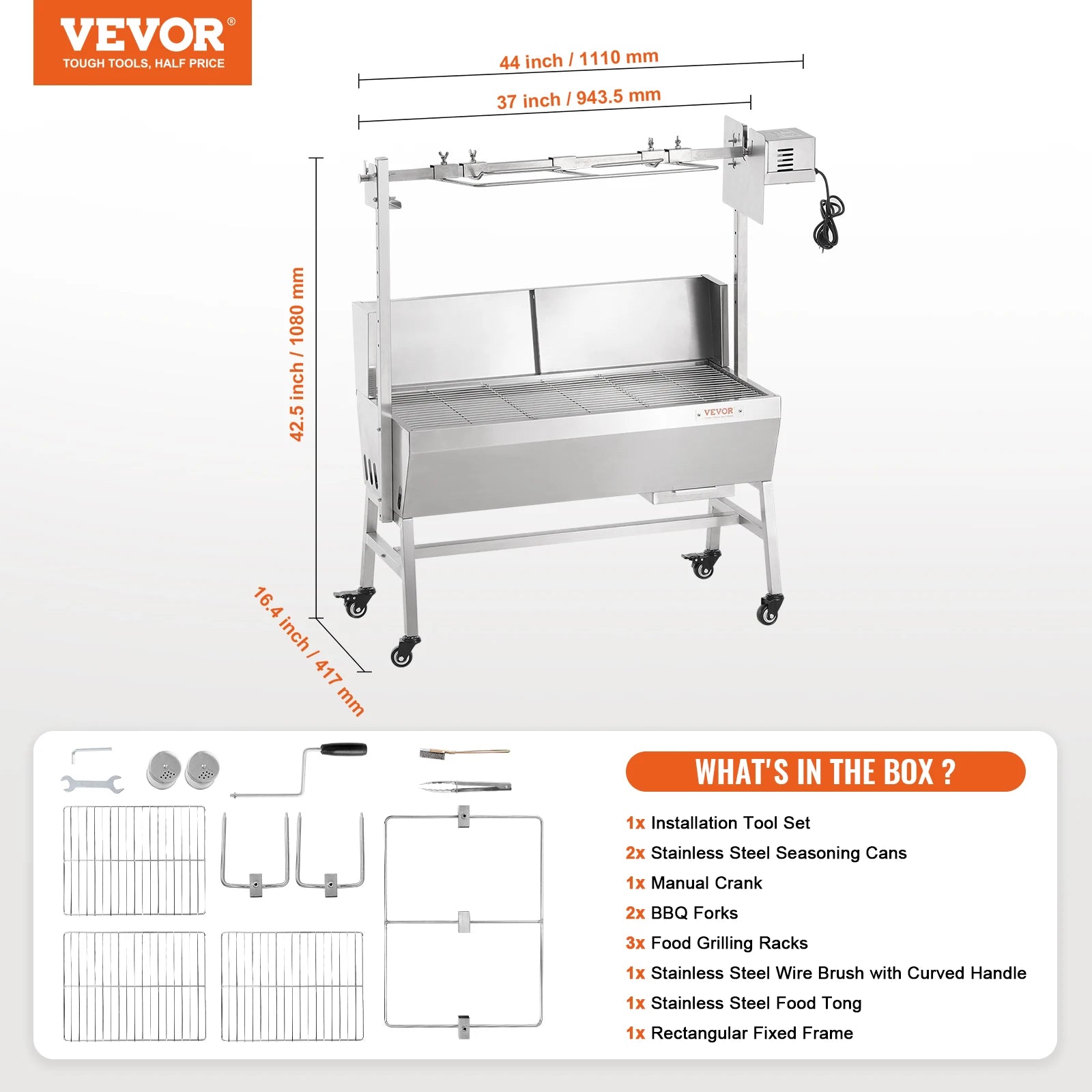 VEVOR 35inch Rotisserie Grill Electric Motor Charcoal Spit Grill Stainless Steel Roaster w/Lockable Wheels for Camping Outdoor