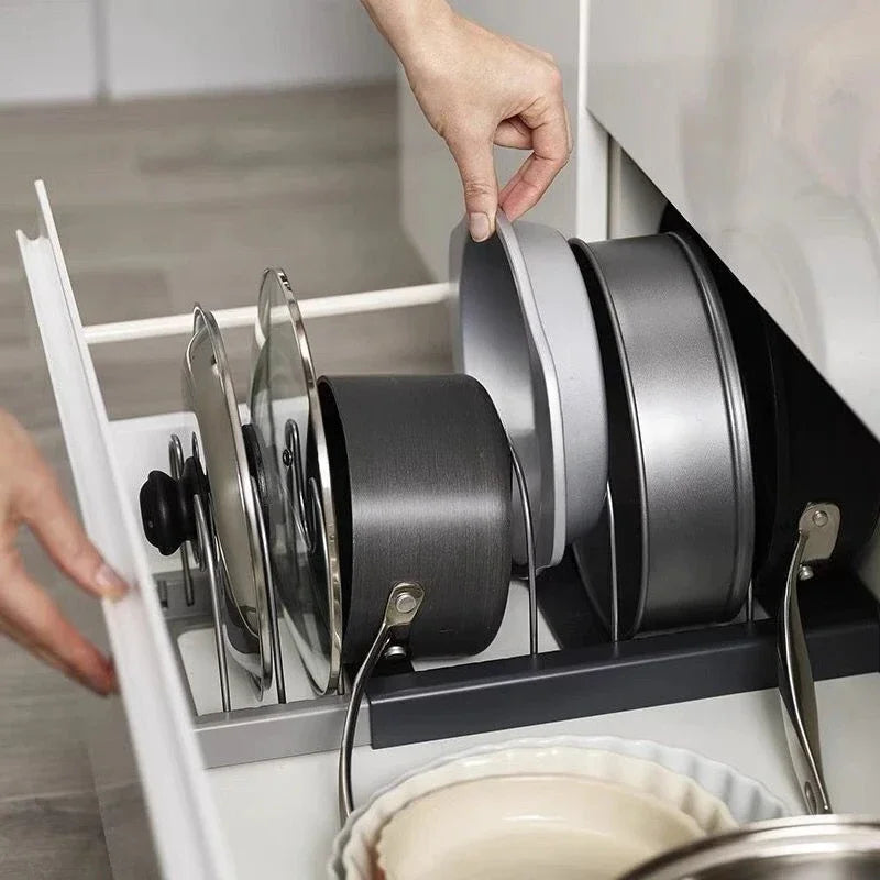Hot New Pot Lid Storage Rack Cabinet Drawer Cookware Organizer Kitchen Space Saving Shelf Accessory