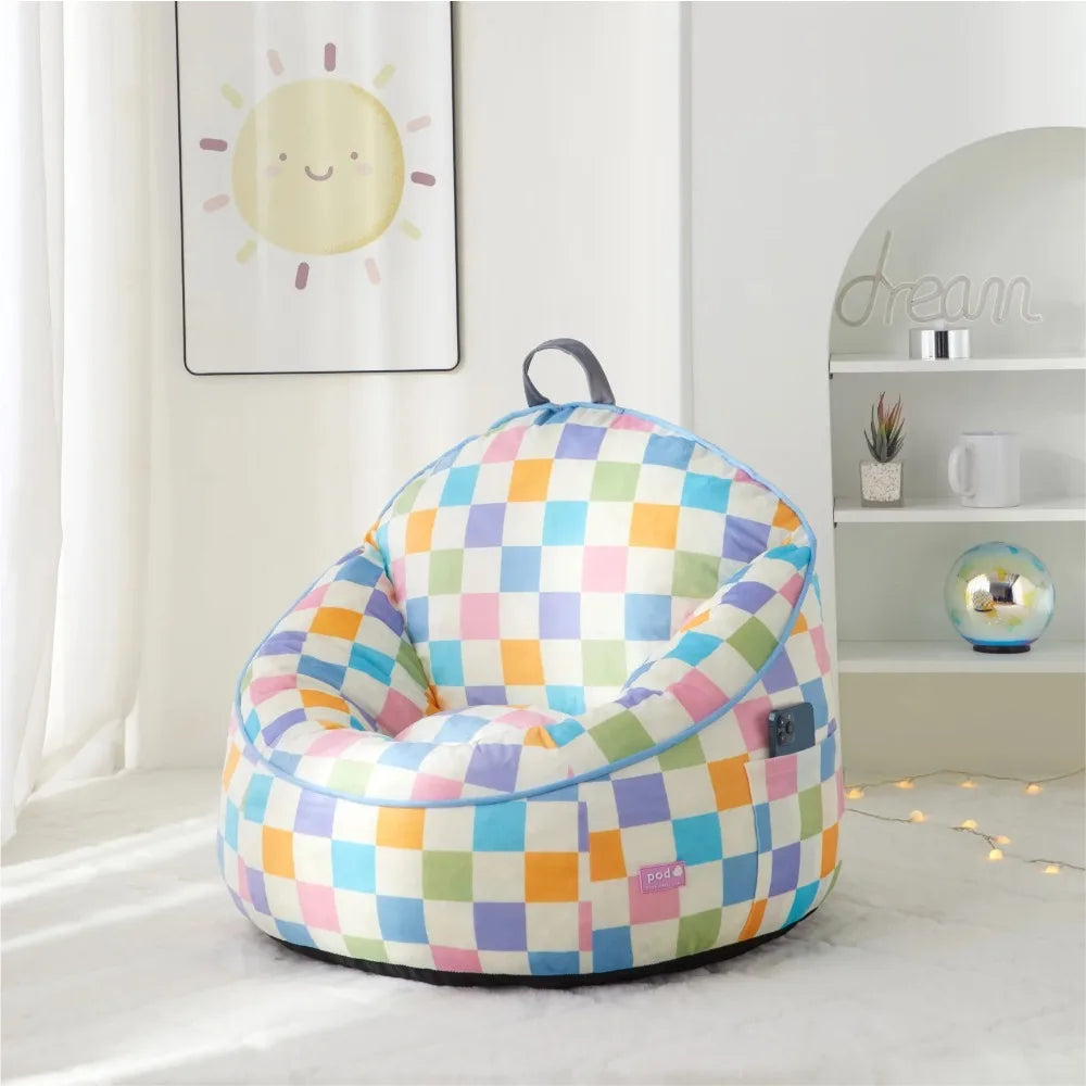 Compressed Foam Bean Bag Chair for Kids, Rainbow Checkerboard