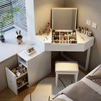 Corner Dressing Makeup Vanity Table with Mirror, Wood Vanity Set with Cabinet Retractable Dresser with Lots Storage for Bedroom