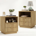 Fluted Nightstands Set of 2, Brown Night Stands with 2 Drawers and Open Shelves, Wooden Bedside Table Modern Design End Table
