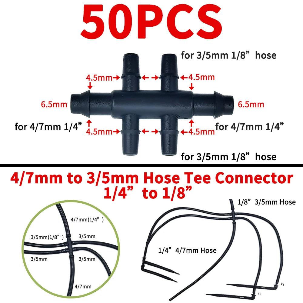 4/7mm Hose Dripper Water Tee Connector Plastic Barbed 1/4" Pipe Tubing Watering Coupling Joint Garden Micro Drip Irrigation Tool
