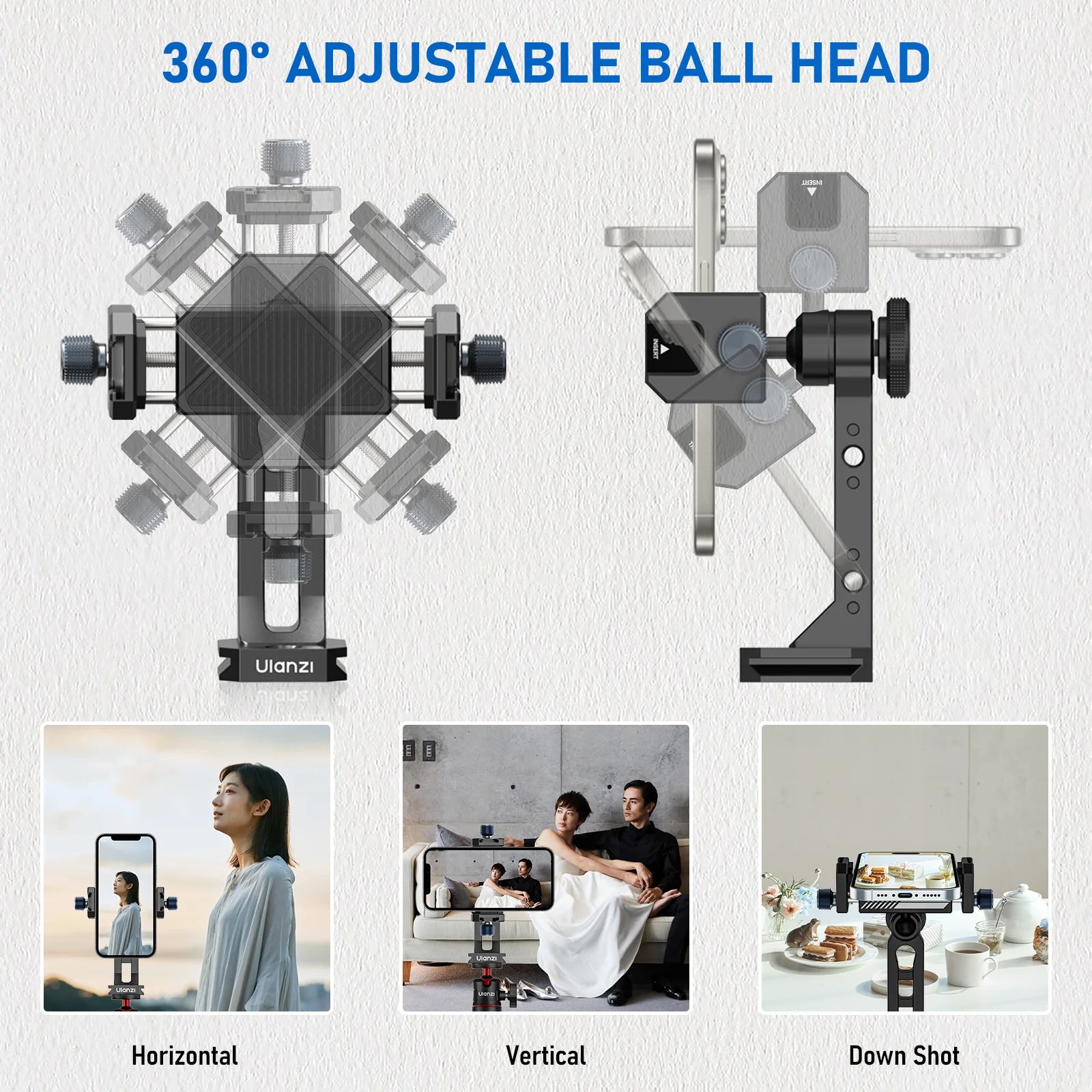 Ulanzi MA53 360 Rotation Metal Phone Holder Tripod Mount Cold Shoe Uka Arca Mount Clip Clamp with 60-95mm Width for Living Vlog