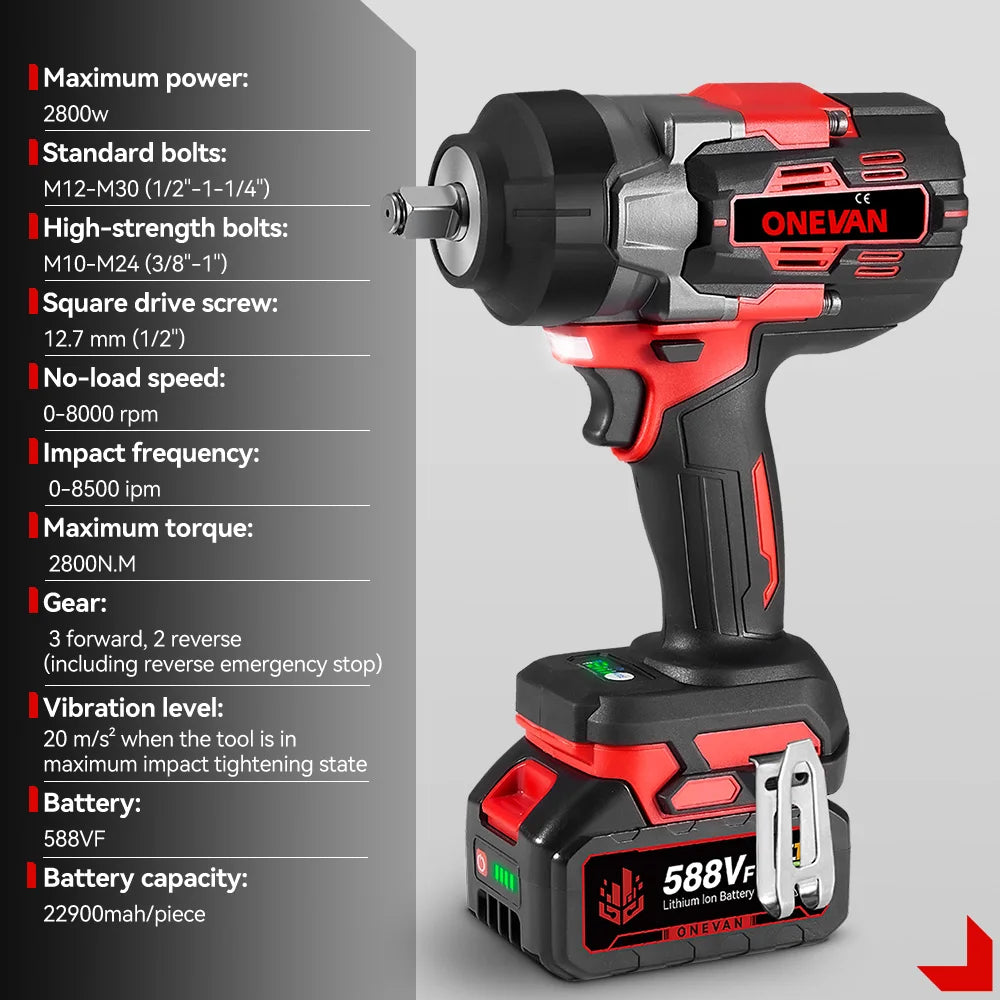 ONEVAN 2800N.M Brushless Electric Impact Wrench 1/2 "Cordless Screwdriver Drill Car Repair Power Tool for 21V 18V Battery