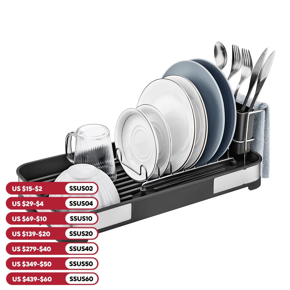 SONGMICS Small Dish Drying Rack, Dish Dryer for Kitchen Counter, Stainless Steel Dish Rack with Drain, Utensil Holder,Rustproof