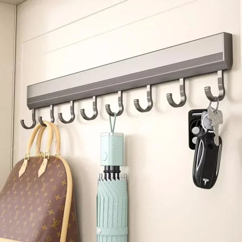 Kitchen Hook Wall Mounted Kitchen Storage Rack Storage Row Hook Holder No Punch Shelves with Movable Hook Kitchen Utensil