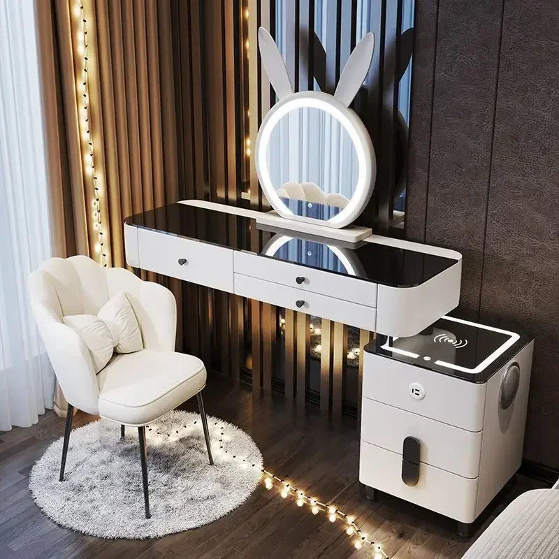 Modern Dressing Table with Smart Wireless Charging Luxury Bedroom Multifunctional Makeup Table with Chair Sound Cloud Led Mirror