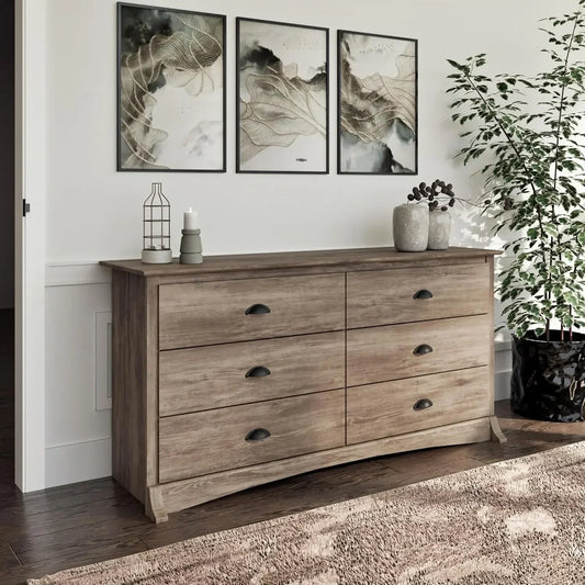 Salt Spring Bedroom Furniture: Gray Double Dresser for Bedroom, 6-Drawer Wide Chest of Drawers