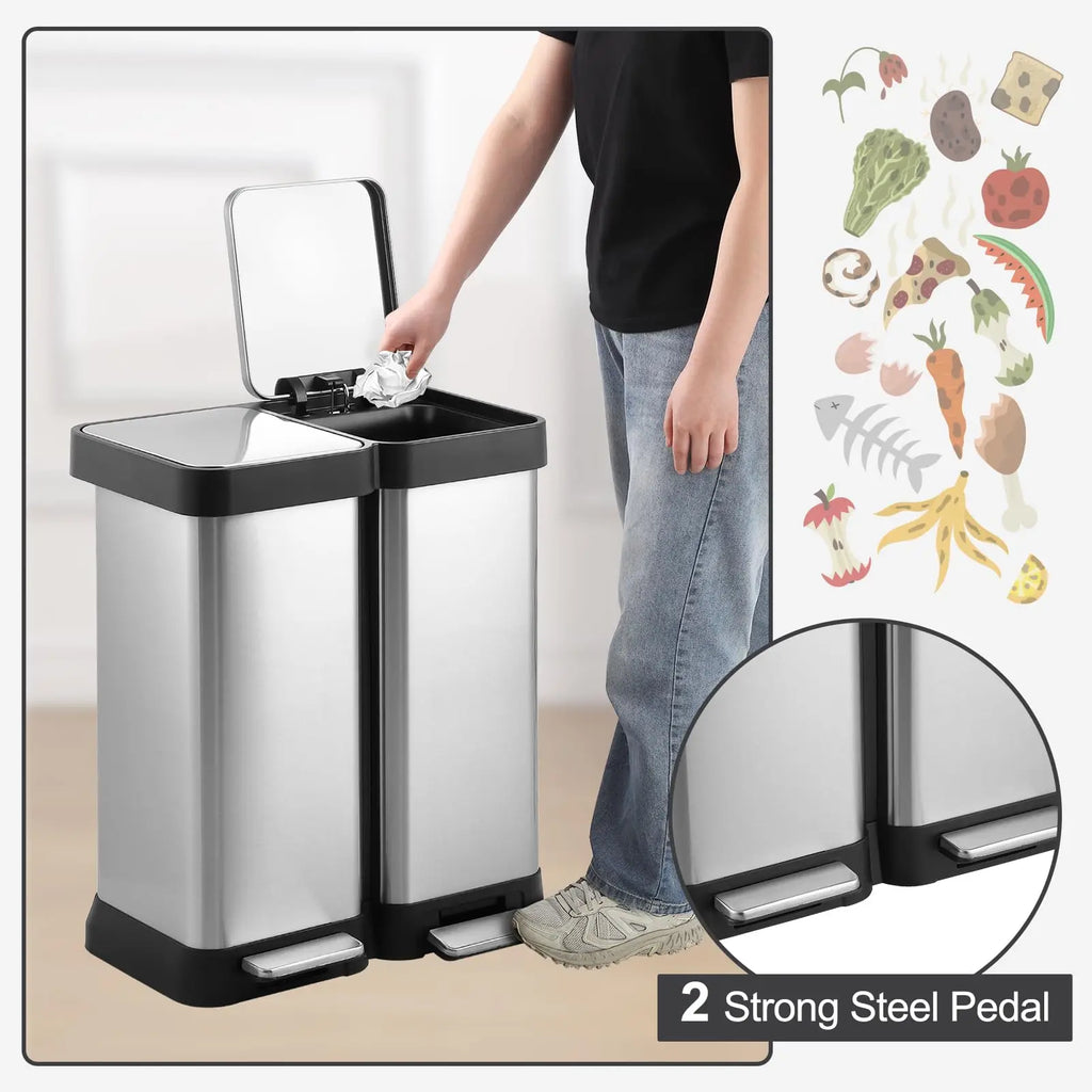 2-Compartment Kitchen Trash Can, 2x25L Stainless Steel Pedal Bin