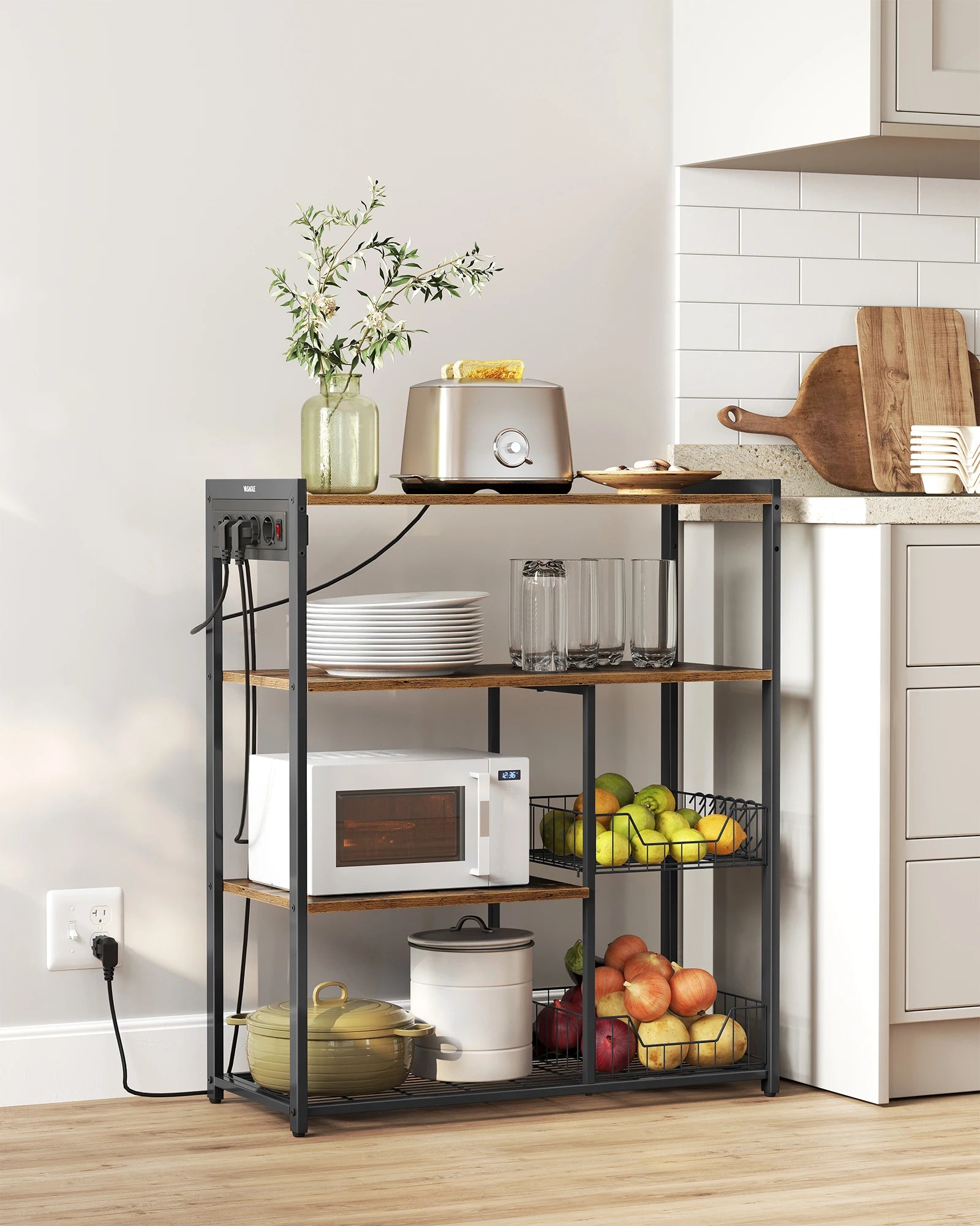 VASAGLE Kitchen Rack with sockets, 2 Metal Baskets, Microwave Shelf, 35x80x93.5 cm Industrial Design