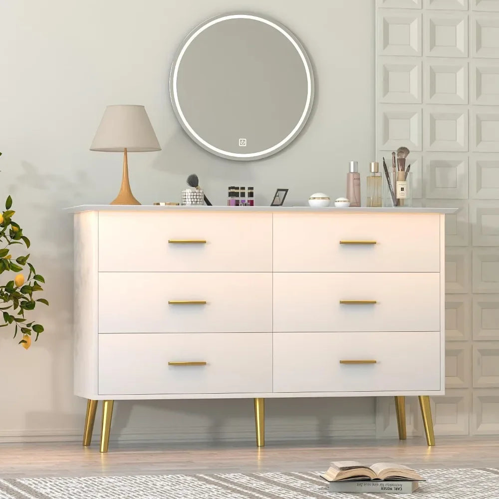 White Dresser for Bedroom with 6 Drawers, Dresser, Wood Dressers Chest of Drawers with Gold Handles, Modern LED Bedroom Dresser
