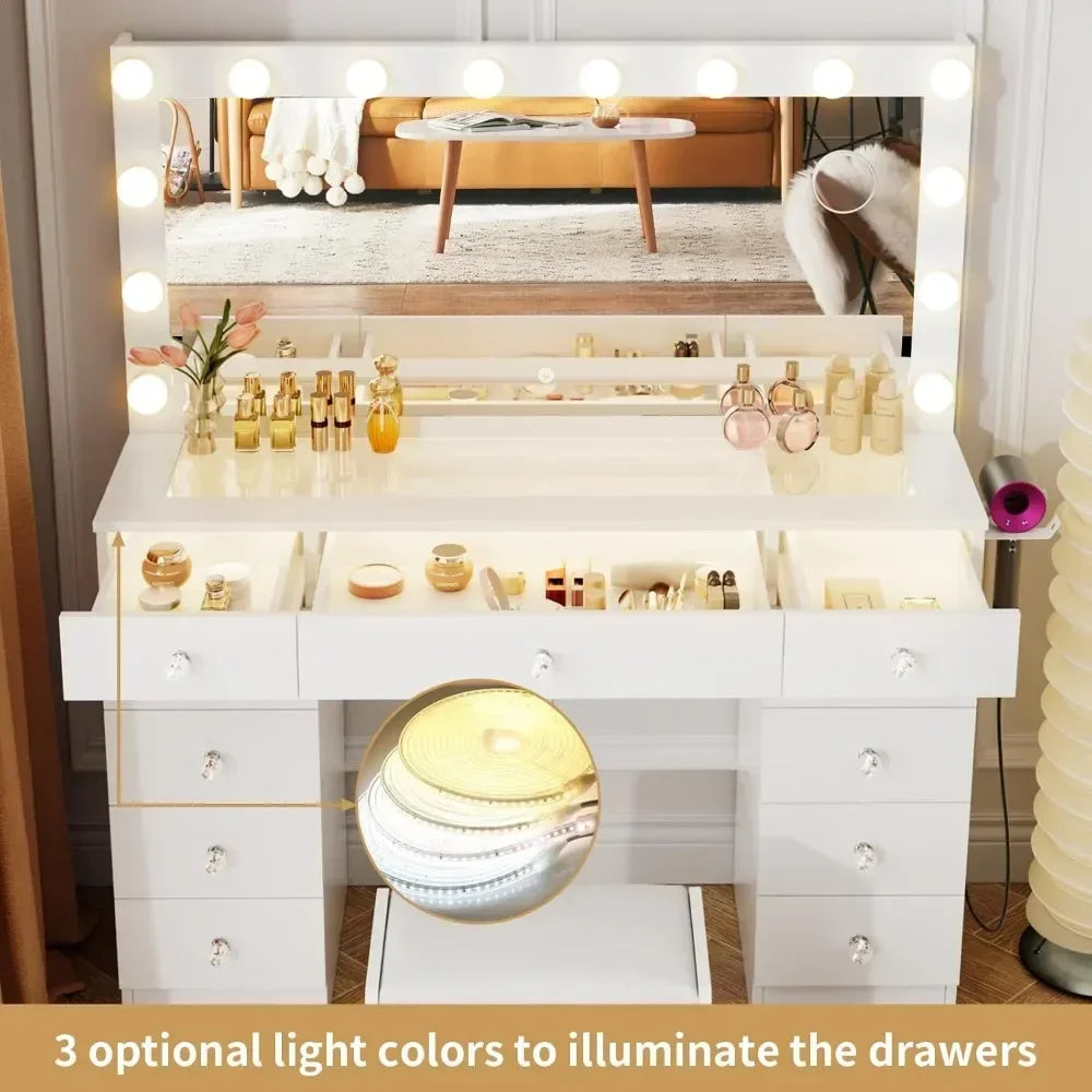 Dressing Table with Illuminated Mirror, with Glass Top and 11 Drawers, 3 Color Lighting Modes, Dresser with Upholstered Stool