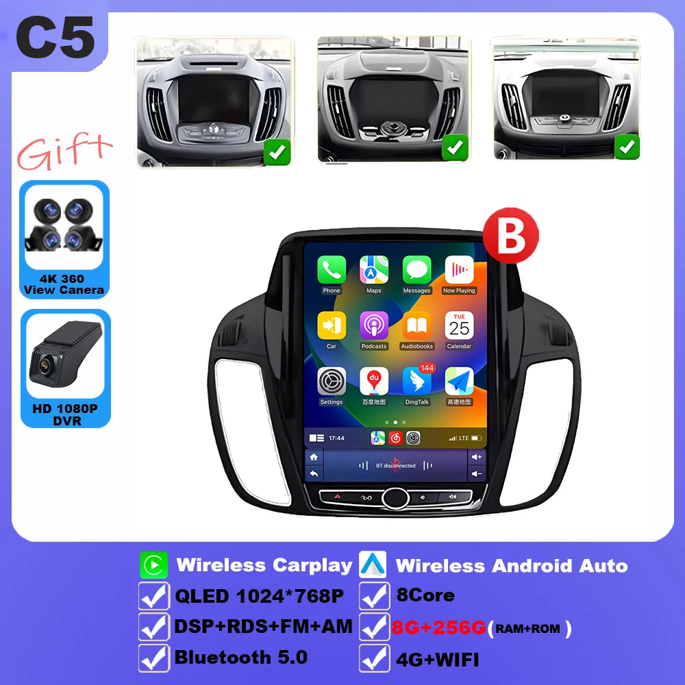 Wireless Android 15 Carplay For Ford Kuga 2 Escape 3 2012-2019 9.7 Inch Tesla Style Car Multimedia Player 5G Wifi Touch Display