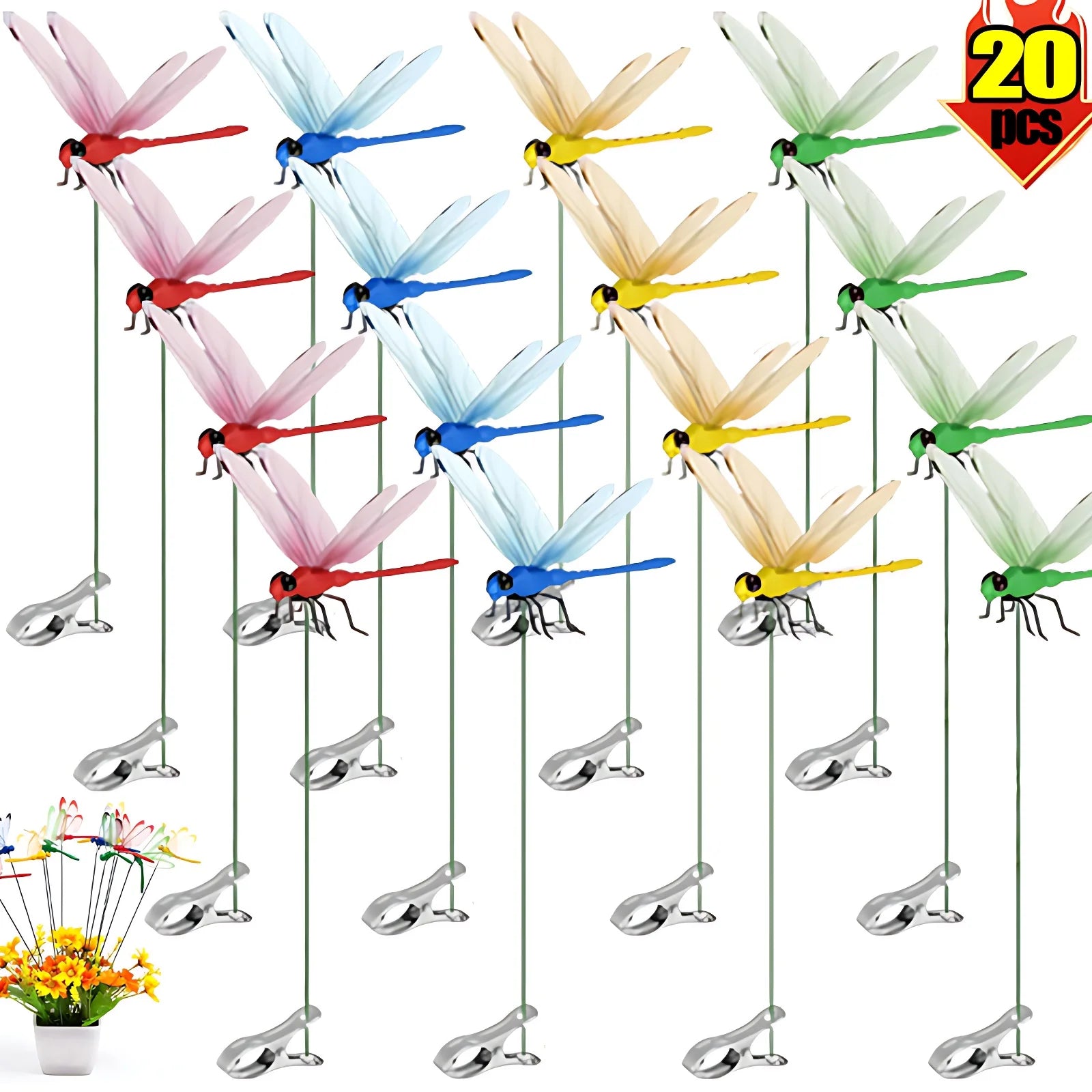 20/1x Simulated Dragonfly Insert Clip Wear Resist Bug Repellent Dragonfly Clamp 3D Artificial Hat Clip for Patio Decor Gardening