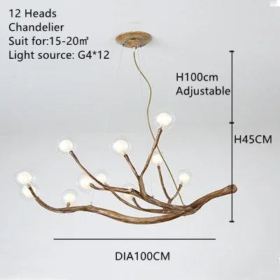 Resin Tree Branch Glass Bubble LED Pendant Chandelier for Retro Home Decor