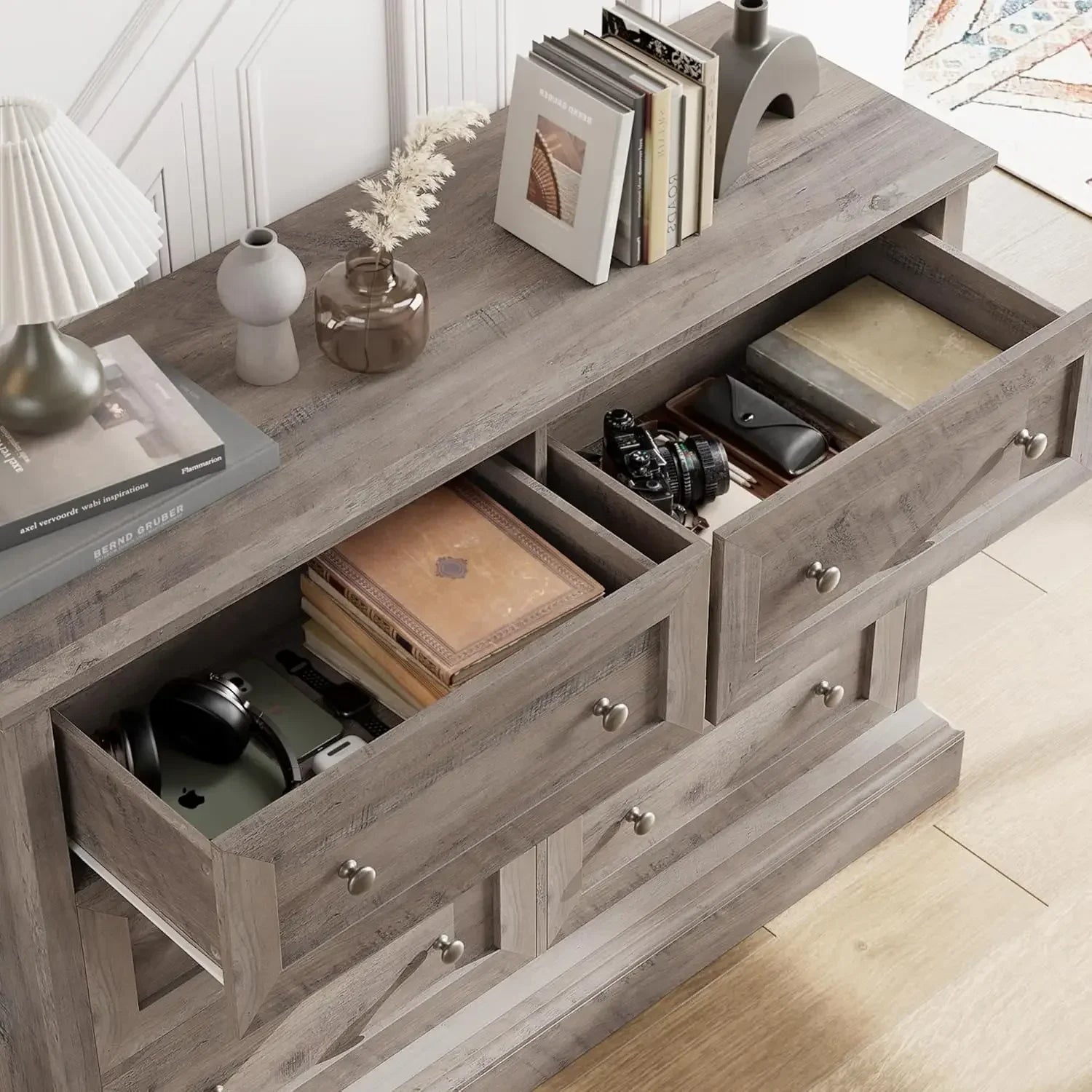 Modern 6 Drawer Double Dresser with Deep Drawers & Mental Double Handles, Wood Dresser Chest, Wide Chest of Drawers, Wash Gray