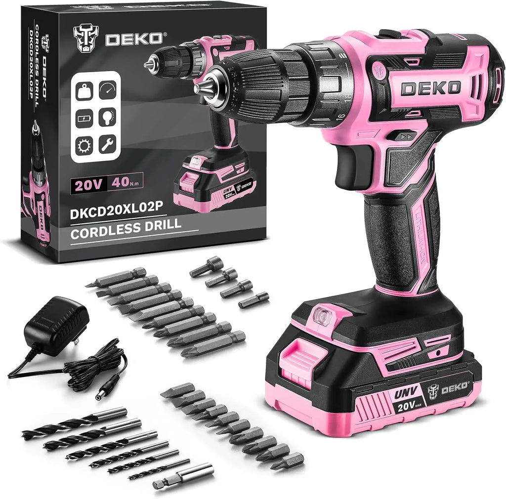 DEKO Pink Cordless Drill 20V - Electric Power Drill Set Tool for Women | AlluCanFind