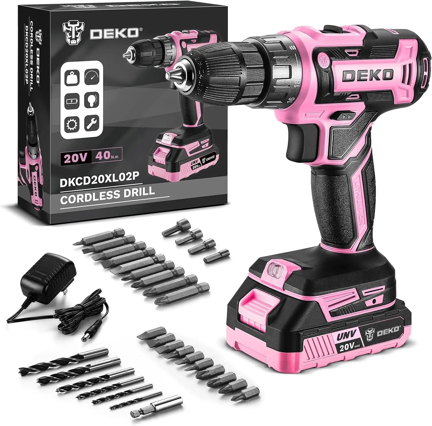 DEKO Pink Cordless Drill 20V - Electric Power Drill Set Tool for Women | AlluCanFind