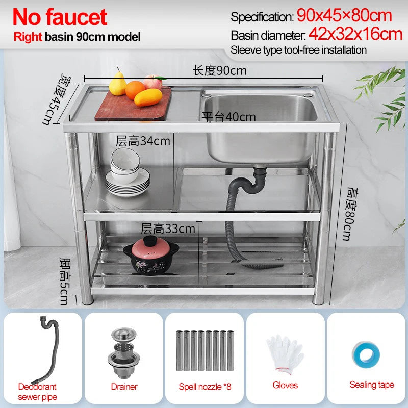 Stainless Steel Sink Kitchen Household Thickened Single Trough with Bracket Wash Basin Sink with Platform Easy Landing