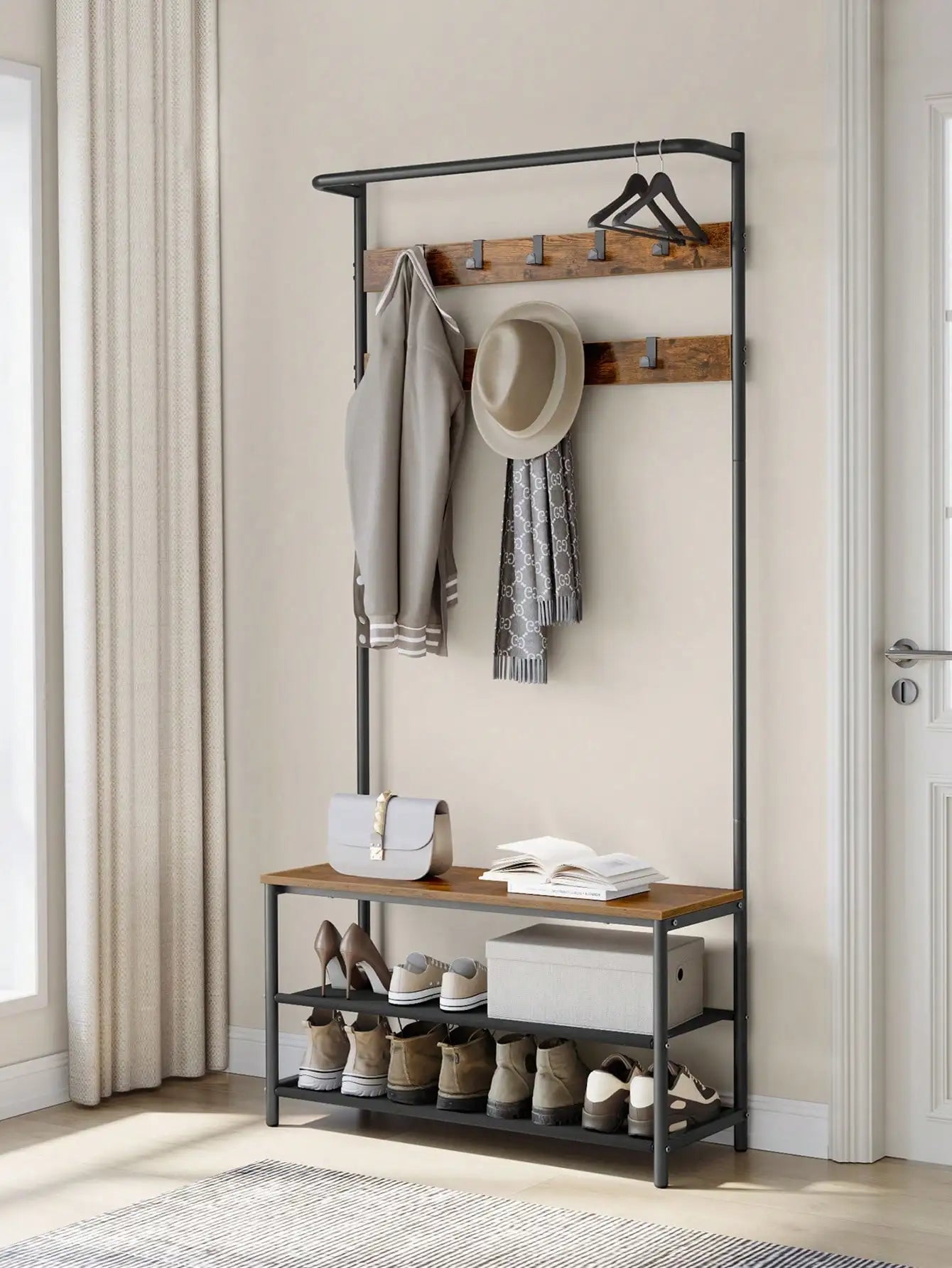 VASAGLE Coat Rack with Shoe Storage, Hall Tree Bench, 9 Hooks, Top Bar, 32.2 x 84 x 180 cm, Bedroom Organizer