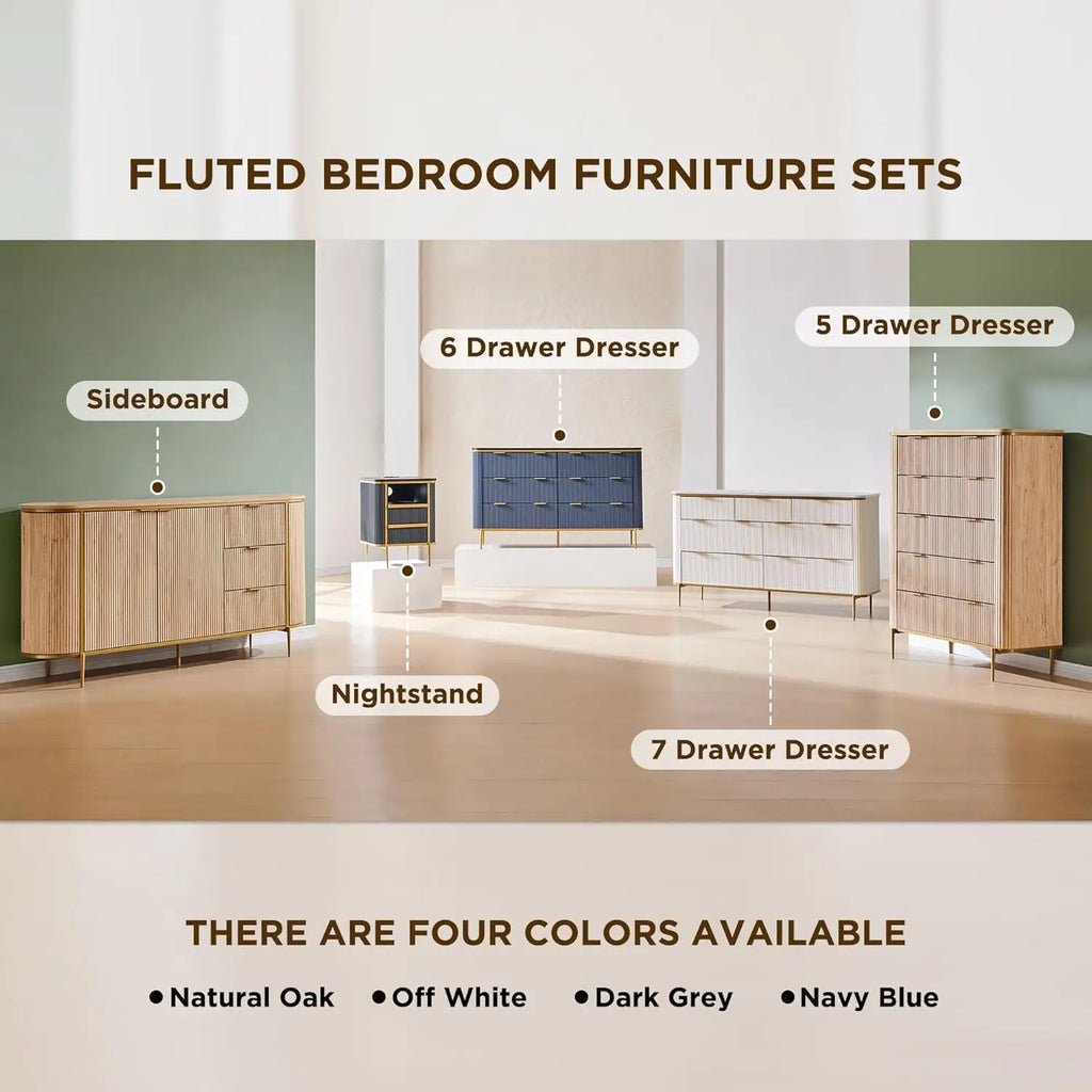 Fluted 5 Drawers Dresser for Bedroom,48" Tall Modern Dresser Chest of Drawers, Gold Accents,Fluted Fronts,Wood Storage Dressers