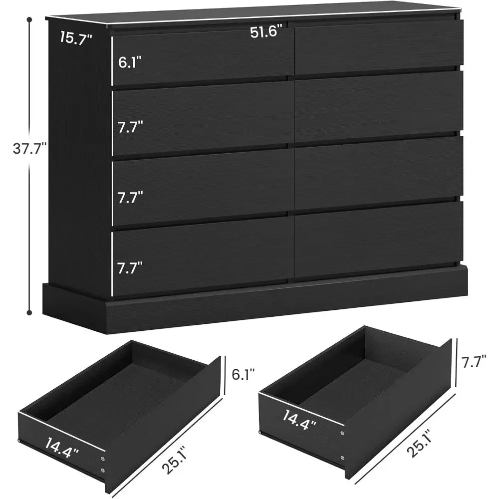 8 Drawers Bedroom Dresser, Modern Large Double Dressers for Bedroom, Black Storage Organizer Chest of Drawers