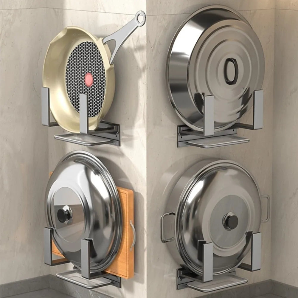 Wall Mounted Pot Lid Rack Space Saving with Drain Tray Cutting Board Holder No-Drill Sturdy Kitchen Storage Rack Kitchen Storage