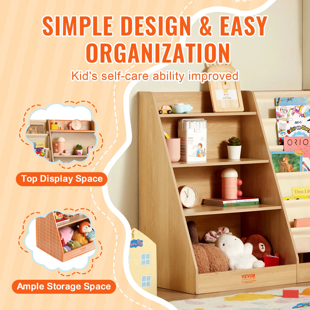 SucceBuy 4-Tier Kids Wooden Bookshelf 6-Layer Sling Bookcase Baby Storage Book Rack for Kids Room Playroom Kindergarten Nursery
