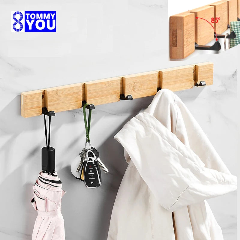 Foldable Wooden Coat Racks Bamboo Hallway Hat Hanger Bedroom Door Wall-Mounting Corner Room Kitchen Toilet Wall Invisible Hook