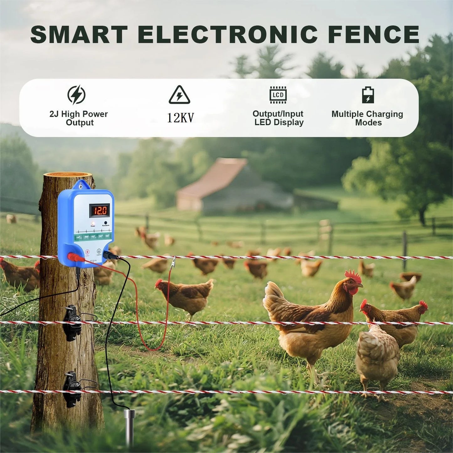 15KM Solar Electric Fence Energizer High-voltage Pulse Controller Shepherd Farm Animal Horse Cattle Poultry Livestock Fence Tool