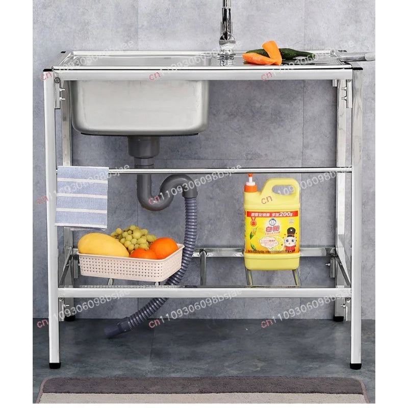 Kitchen Thickened Stainless Steel Sink Table Integrated Single Sink with Bracket Dishpan Washing Basin Sink