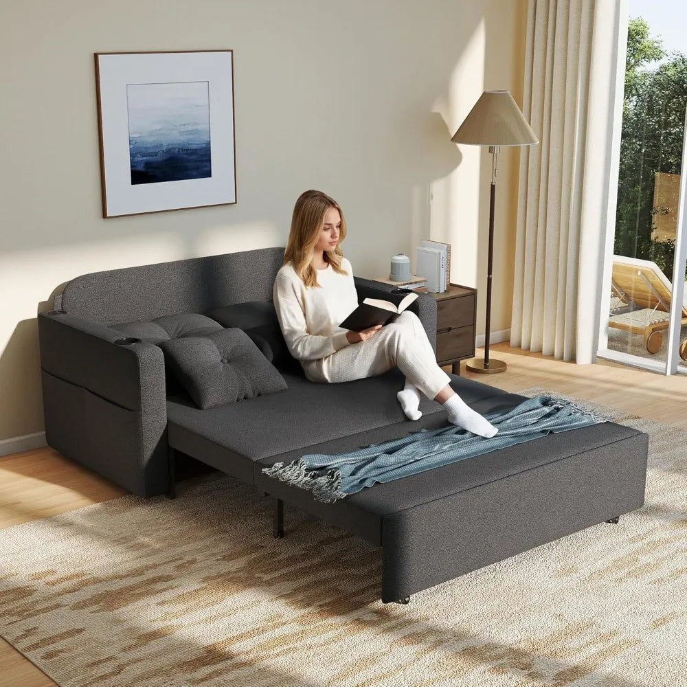 3-in-1 56" Convertible Sofa Bed: Loveseat Sleeper with Cup Holders, USB – Living Room, Bedroom, Apartment