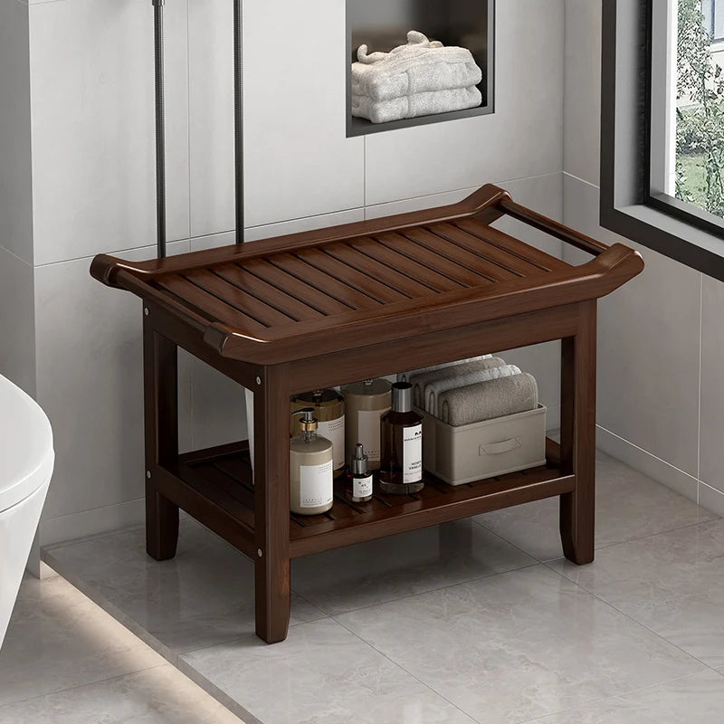 Anti-Slip Bamboo Shower Stool Waterproof Bathroom Bath Bench for Foot Washing or Entryway Shoe Changing Seat