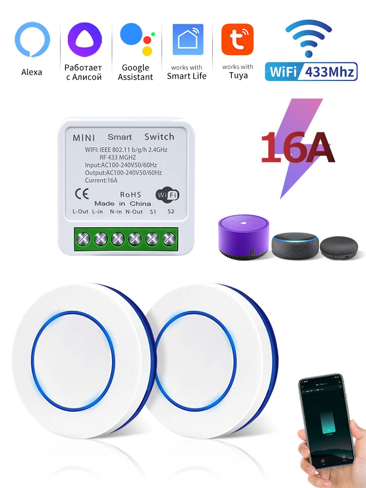 Tuya WiFi Smart Switch 16A 20A 100-240V Relay Controller RF433Mhz Wireless Remote Control Mini Round Panel Switch For LED Lamp