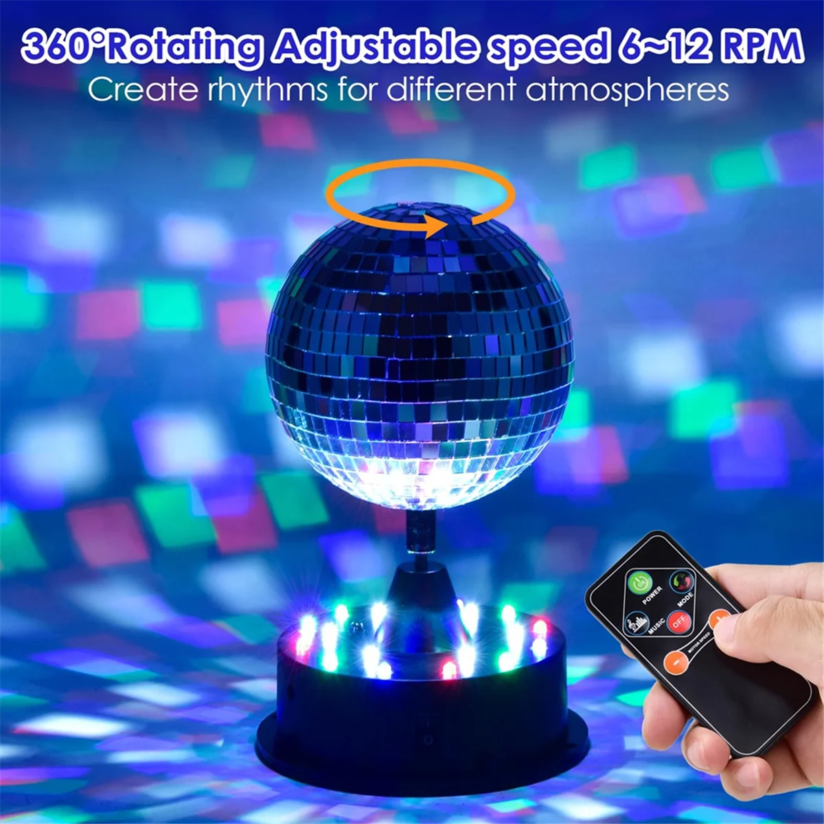 A20M Rotating 5in Disco Ball Party Lights with Remote, 6-12RPM Adjustable Disco Ball,18 LEDs DJ Light,Hanging and Table 2 Use