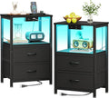 Nightstand Set of 2 with Charger Station \u2014 USB Ports & Outlet, Bed Side Table with LED Lights, End Table with Fabric Drawer