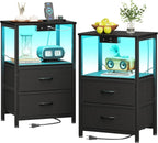 Nightstand Set of 2 with Charger Station \u2014 USB Ports & Outlet, Bed Side Table with LED Lights, End Table with Fabric Drawer