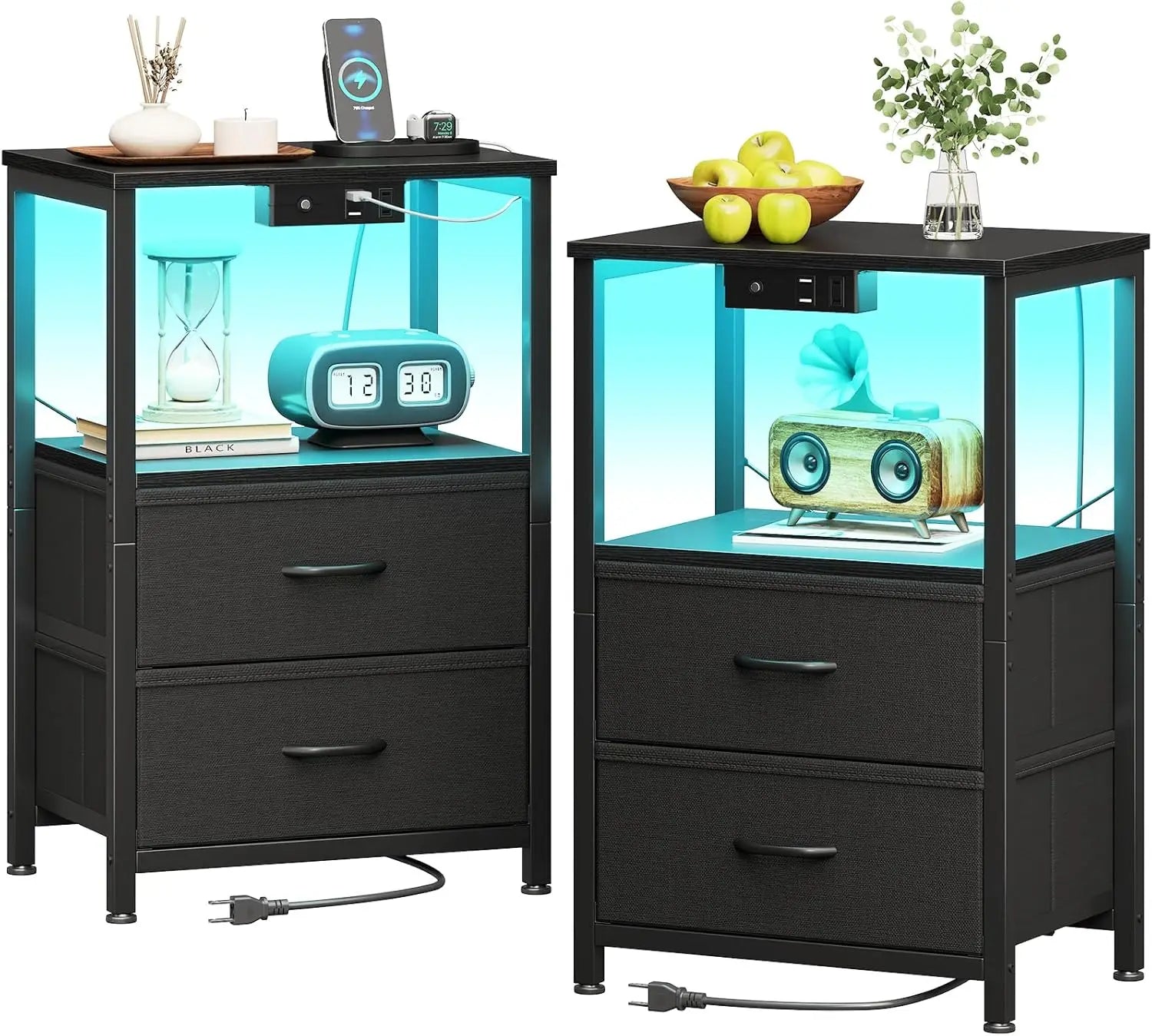 Nightstand Set of 2 with Charger Station \u2014 USB Ports & Outlet, Bed Side Table with LED Lights, End Table with Fabric Drawer