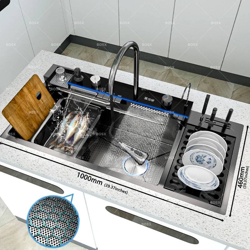 New Stainless Steel Waterfall Kitchen Sink Embossed Extra Large Single Slot Digital Display Dishwashing Sinks With Draining Rack