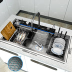New Stainless Steel Waterfall Kitchen Sink Embossed Extra Large Single Slot Digital Display Dishwashing Sinks With Draining Rack