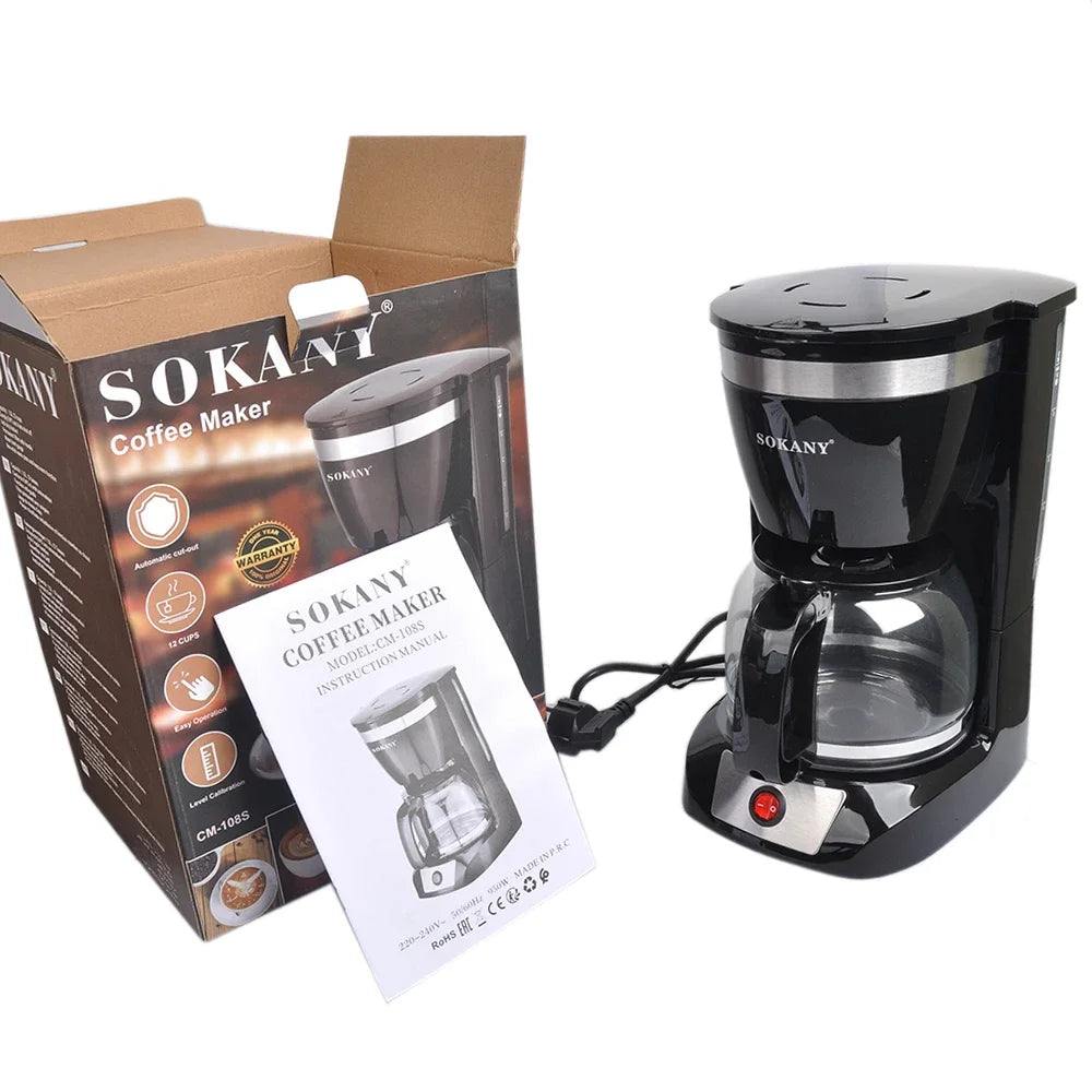 12 Cups Small Home Automatic American Drip Steam Coffee Maker, Brew Tea, Suitable for Home and Office