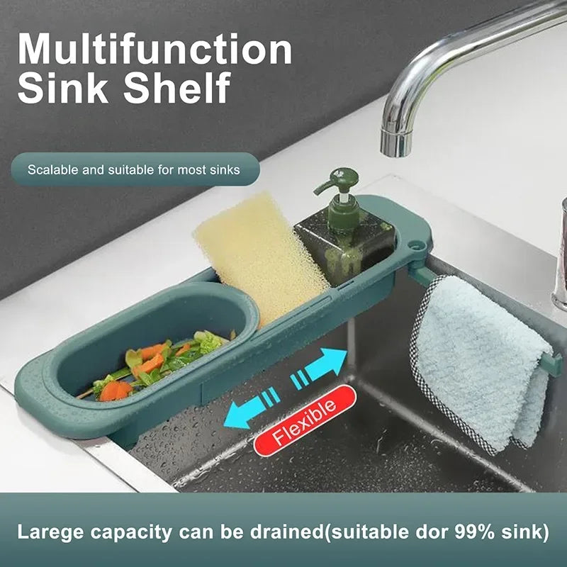 Adjustable Bathroom and Kitchen Tool: Sink Rack, Organizer, Drainer, Storage Basket, Faucet Holder, Telescopic