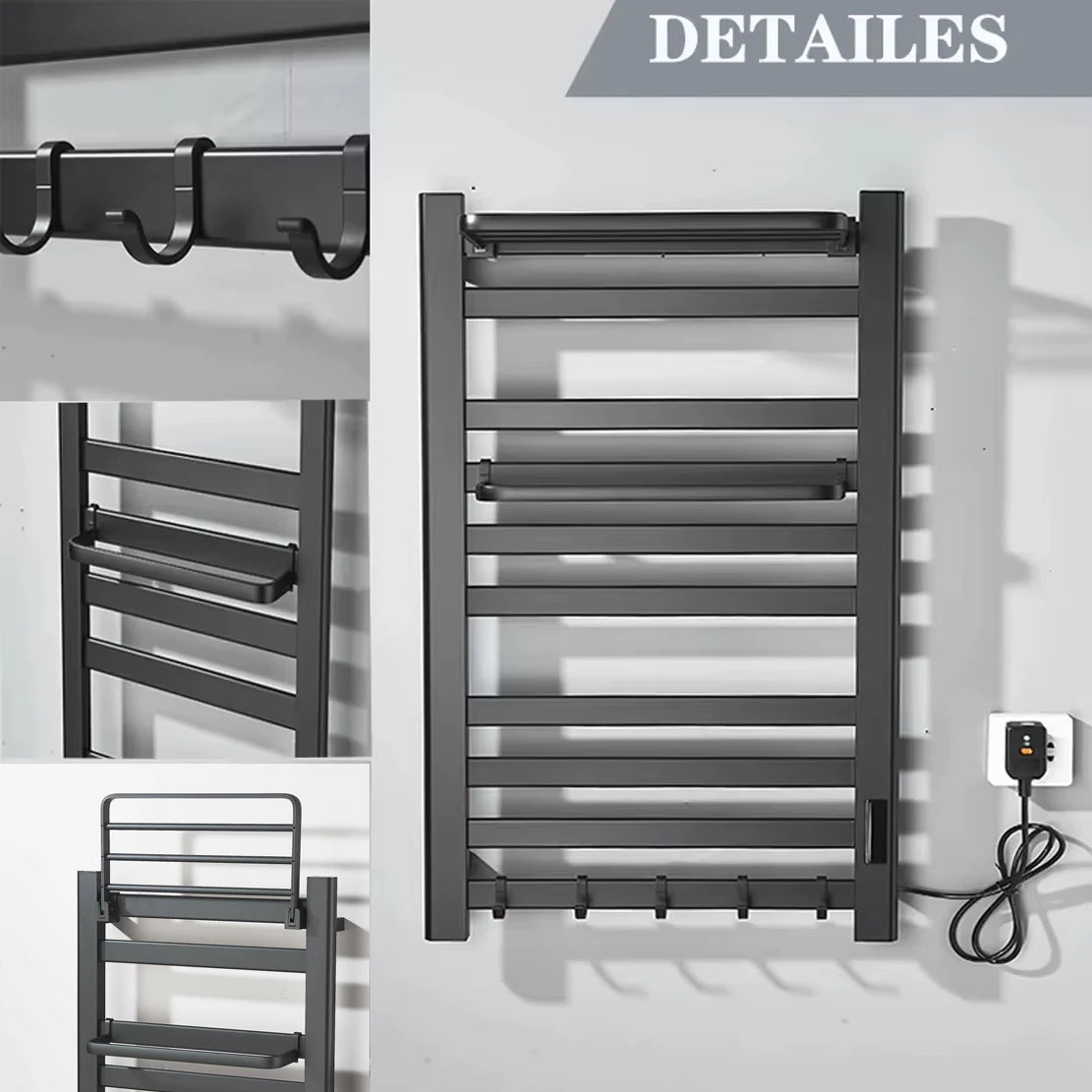 Matte Black Bathroom Electric Heated Towel Rack with Digital Display Touch Thermostatic Dry Towel 304 Stainless Steel Heater